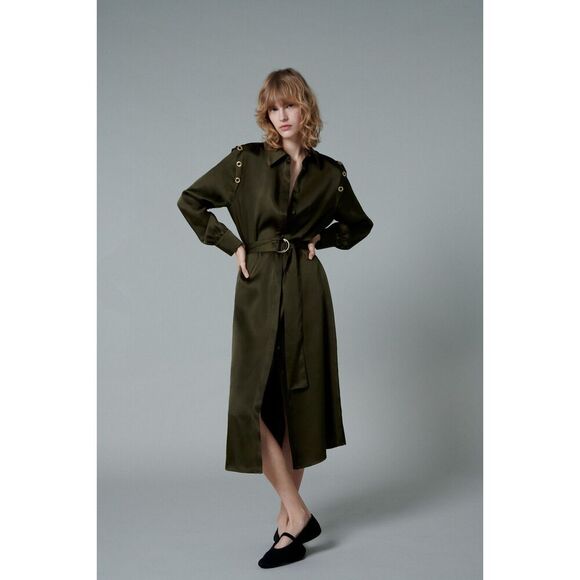 Green Zara Collared Button Down Belted Grommet Ring Long Sleeve Midi Dress (NWT) - Picture 1 of 8